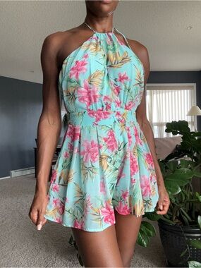 NWT Teal blue floral backless romper